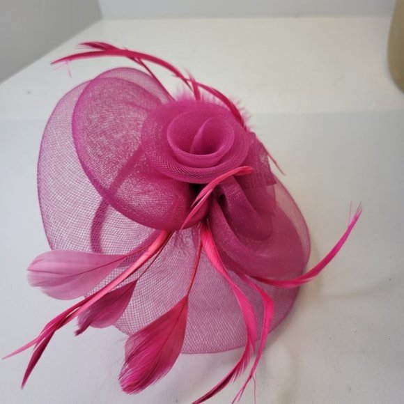 Pink Headband Fascinator with Pink Feathers and Pink Rosettes main image 6